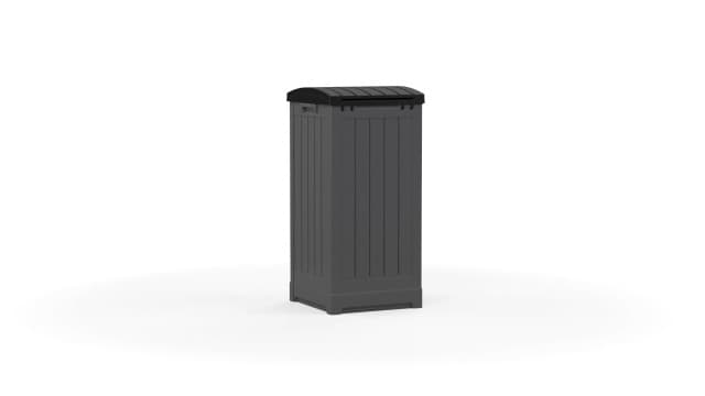 Suncast Trash Hideaway 39 Gallon Outdoor Trash Can Patio or Deck Waste Bin with Latching Lid, Liquid Tray, Handles, and Trash Bag Holder, Peppercorn