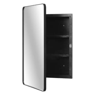 Fundin Plastic Black Medicine Cabinet, Beveled Edge Mirror Door with Round Corner Metal Frame, Recessed and Surface Mount Bathroom Medicine Cabinet, 16 x 24 inch Mirror Size