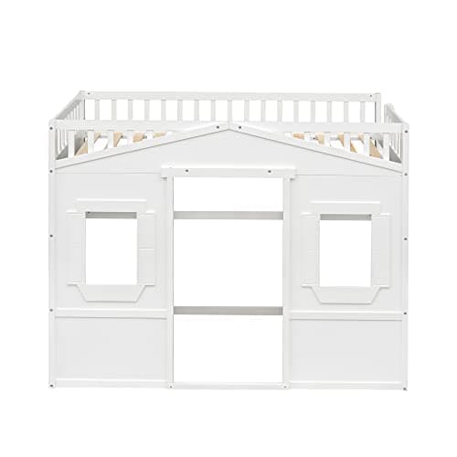 Merax Twin Size Wood Loft Bed, House Bed Frame with Ladder and Safety Guardrails for Kids, No Box Spring Needed, White