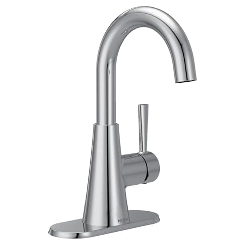 Moen Ronan Chrome One-Handle Single Hole Modern Bathroom Sink Faucet with Optional Deckplate and Spring Loaded Drain Assembly, 84021