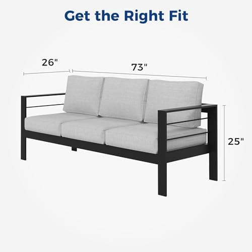 Wisteria Lane Patio Furniture Aluminum Sofa, All-Weather Outdoor 3 Seats Couch, Black Metal Chair with Light Grey Cushions