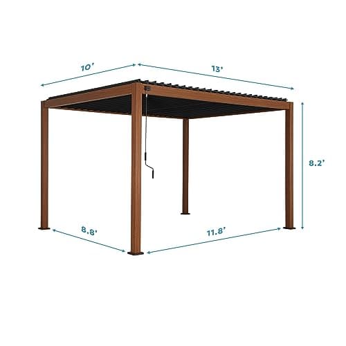 111S Takasho Louvered Pergola 10x13 Wood Grain Outdoor Aluminum Pergola with Adjustable Rainproof Roof Full Aluminum Frame Ideal for Outdoor Deck Garden Patio Durable, Cherry Oak