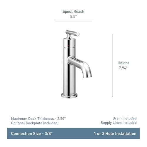 Moen 6145BL Gibson One Handle Single Hole Modern Bathroom Sink Faucet with Optional Deckplate, Matte Black