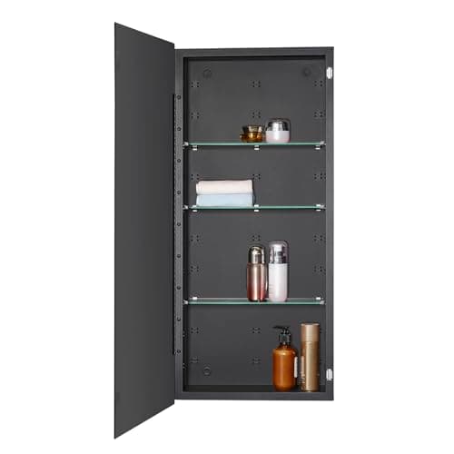 Black Bathroom Medicine Cabinet with Beveled Edge Mirrored Door 16 x 36 inch, Recessed or Surface Mount, with Adjustable Glass Shelves