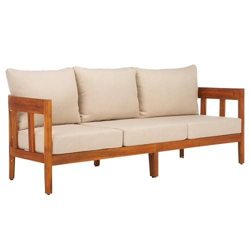 SAFAVIEH Outdoor Collection Owen Natural Teak Solid Wood/Taupe Cushion 3-Seater Sofa