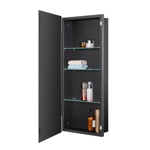 Black Bathroom Medicine Cabinet with Beveled Edge Mirrored Door 16 x 36 inch, Recessed or Surface Mount, with Adjustable Glass Shelves