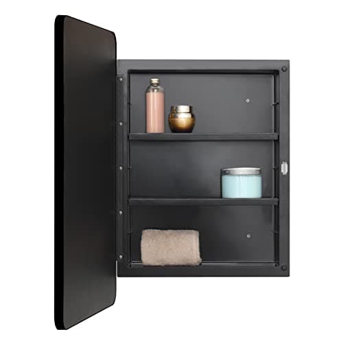 Fundin Plastic Black Medicine Cabinet, Beveled Edge Mirror Door with Round Corner Metal Frame, Recessed and Surface Mount Bathroom Medicine Cabinet, 16 x 24 inch Mirror Size