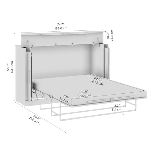 Bestar Nebula 75W Queen Size Murphy Cabinet Bed with Mattress in White, 75-inch Space-Saving Sleeping Arrangement for Multipurpose Guest Room or Home Office