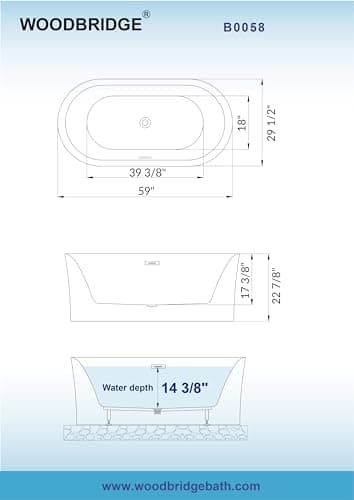 WOODBRIDGE 59" Acrylic Freestanding Bathtub Contemporary Soaking Tub with Matte Black Overflow and Drain,White Tub,B0058-MB