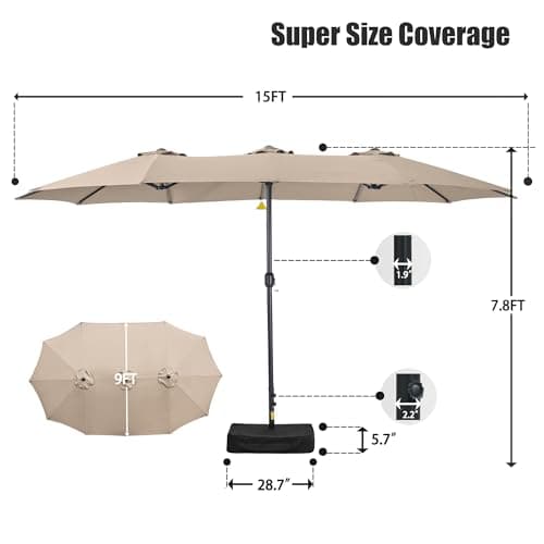 15ft Patio Umbrella with Base Included, Double Sided Outdoor Large Rectangular Patio Umbrella with Crank Handle, for Lawn Garden, Khaki