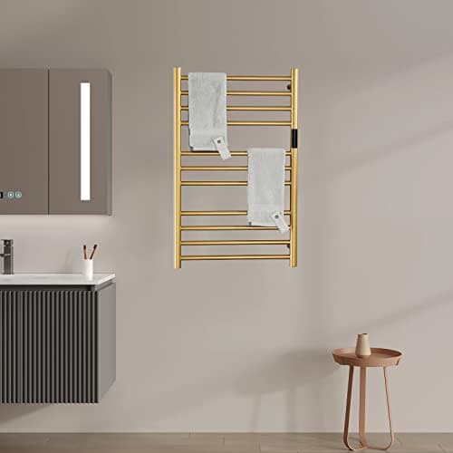 Electric Towel Warmers Radiator with Built-in Timer Gold, 140W Wall-Mounted & Freestanding Heated Towel Drying Rack with 11 Bars, 304 Stainless Steel Heated Towel Rail for Bathroom, Plug-in