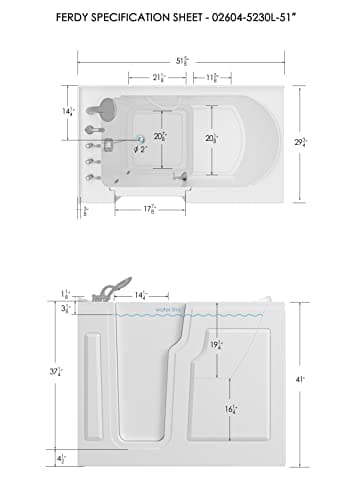 FerdY Floridian 52" Walk-in Bathtub with Left-Side Door Opening and Quick Fill and Drain System, Rectangular Soaking Bathtub in White