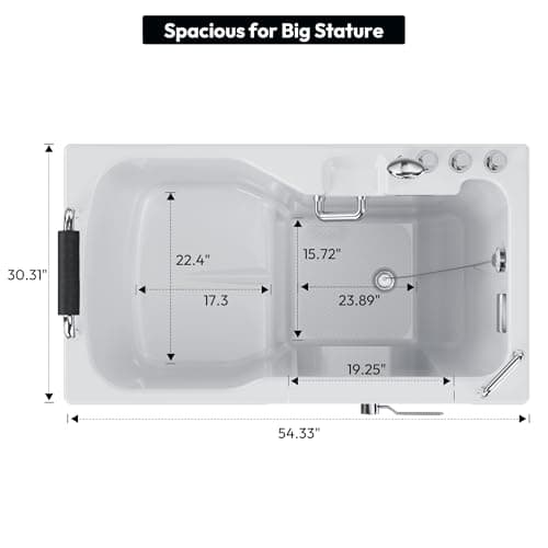 Empava Walk-In Tub, Japanese Soaking Bath, Right Outward Door, Low Threshold, Slip-Resistant, Built-in Seat, Fast Drain, Handrails, Easy Access for Seniors & Mobility-Impaired,54"