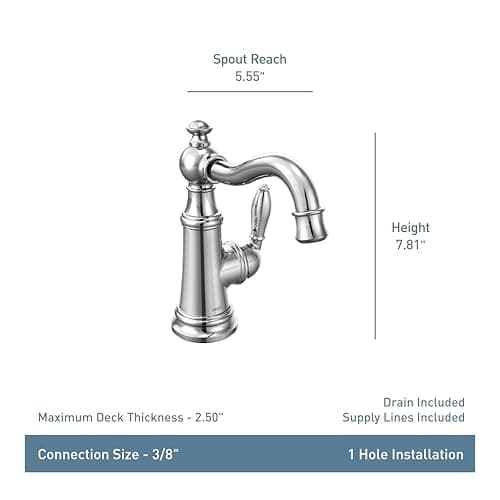 Moen S42107 Weymouth One-Handle Single Hole Traditional Bathroom Sink Faucet with Drain Assembly, Chrome