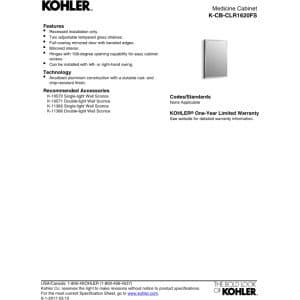 KOHLER CB-CLR1620FS Single Door Beveled Medicine Cabinet with Mirror Door & Adjustable Shelves, Rectangular Beveled Edge Frame, 16" x 20"