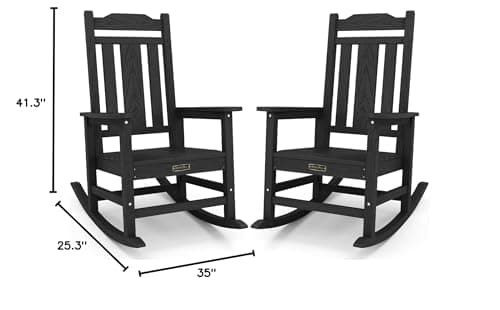 SERWALL Black Outdoor Rocking Chair Set of 2, All Weather Patio Rocking Chair, HDPE Poly Rocking Chair for Adults, Heavy Duty Front Porch Rocker