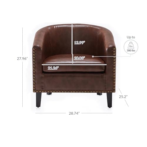 BELLEZE Accent Barrel Chair, Set of 2 Modern Faux Leather Tub Club Chair Upholstered Armchair with Gold Nail Head Trim and Black Legs for Living Room Bedroom Apartment Lounge - Brown