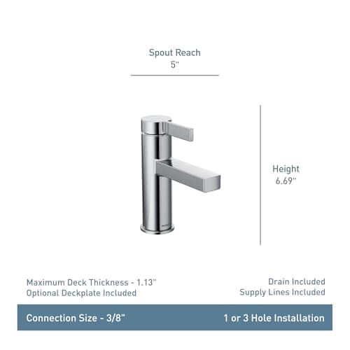 Moen Beric Chrome Modern One-Handle Single Hole Bathroom Faucet with Drain Assembly and Optional Deckplate for your Bath Sink, 84774