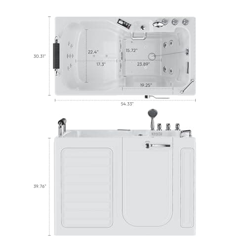 Empava Walk In Tub for Seniors,54" x 30'' Right Drain,12 Air & 13 Whirlpool Massage Jets Bathtub,with built-in Heater,2 Safety Handrail,19.25" Wide Right Outswing Door,Slip-Resistant Floor,Acrylic