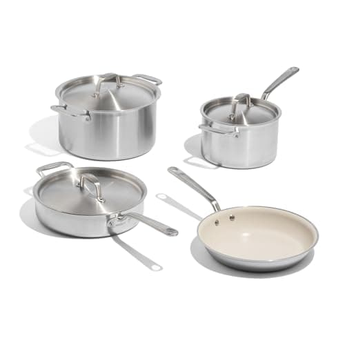 Made In Cookware - 7-Piece Ceramic Non Stick Pot and Pan Set (Stainless Handle) - 5-Ply Stainless Clad - Professional Cookware - Crafted in Italy - Induction Compatible