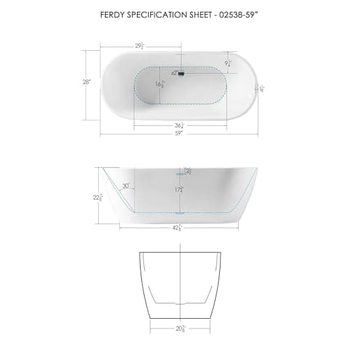 FerdY Bali 59" Acrylic Freestanding Bathtub, Gracefully Shaped Freestanding Soaking Bathtub, Toe-Tap Chrome Drain and Classic Slotted Overflow Included, Glossy White, cUPC Certified