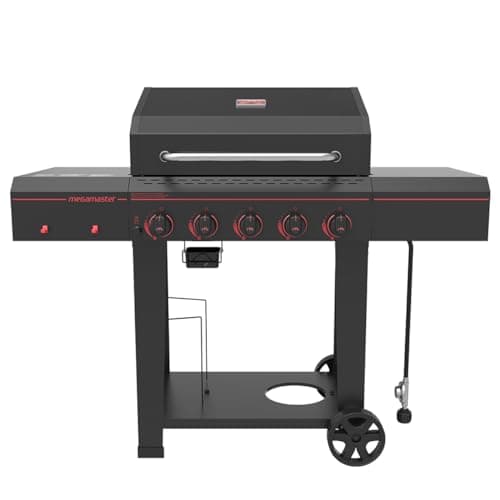 720-0982 5 Burner Propane Barbecue Gas Grill, Side Shelves with Hooks, for Outdoor Cooking, Patio, Garden Barbecue Grill, 50000 BTUs, Open Chart, Black