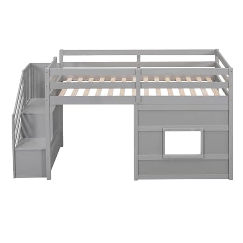 SOFTSEA Low Loft Bed with Stairs, Twin Size Loft Bed with Storage Staircase and Window, Kids Low Loft Bed Frame with Playhouse for Teens Juniors, No Box Spring Needed, Grey