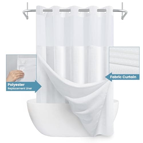White No Hook Shower Curtain with Snap in Liner,230GSM Waffle Weave Shower Curtains for Bathroom,71W x 74H
