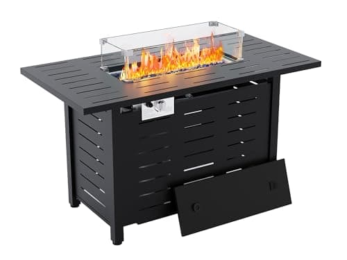 44" Outdoor Propane Fire Pit Table, 48,000 Btu Lp Gas Rectangular Fire Table with Ignition Systems and Lid,Outdoor Firetable with Glass Rocks for Patio Deck Garden Backyard
