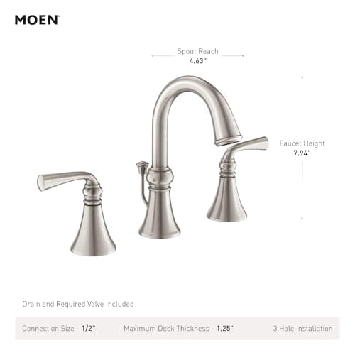 Moen Wetherly Spot Resist Brushed Nickel Two-Handle Widespread Bathroom Faucet with Valve Included, Bathroom Faucets for Sink 3-hole Deck Mounted Setup, WS84855SRN