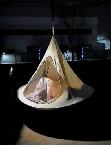 Hanging Teepee Pod Swing Chair with Stand White Canvas Swing Hammock 100cm Diameter Indoor Outdoor Use Waterproof Level 3 Steel Frame 220 lb Capacity Saucer Style