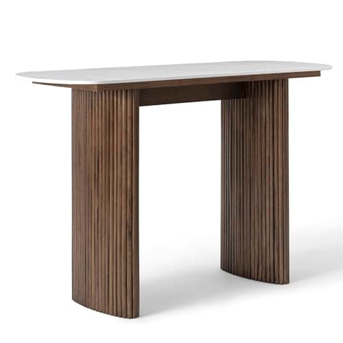 47.24" Walnut Console Table with Sintered Stone Top, Fluted Solid Wood Base Sofa Table, Mid Century Modern Entryway Table for Hallway, Behind The Couch, Living Room, Foyer, Easy Assembly