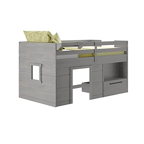 Max & Lily Loft Bed Twin Size, Solid Wood Low Loft Bed with Storage Drawer and Ladder, Modern Farmhouse Loft Bed for Kids, Driftwood