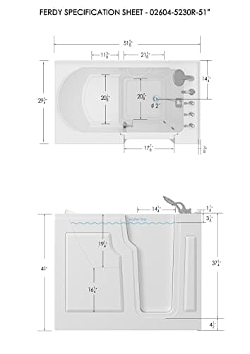 FerdY Floridian 52" Walk-in Bathtub with Right-Side Door Opening and Quick Fill and Drain System, Rectangular Soaking Bathtub in White