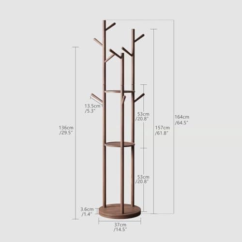 Rotatable Coat Rack, Floor Standing Household Shelf, Solid Wood Frame Standing Coat Rack, Living Room Entrance Bedroom Riser Hanging Rack, Walnut Color
