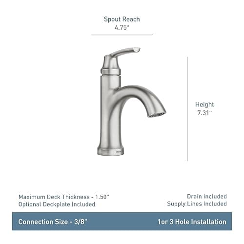 Moen 84980SRN Wellton Single-Handle Bathroom Faucet, One Hole Bathroom Sink Faucet with Optional Deck Plate and Drain Assembly, Spot Resist Brushed Nickel