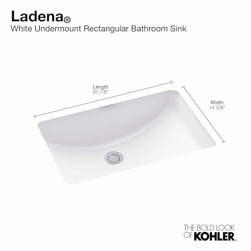 KOHLER 2214-0 Ladena Rectangular Undermount Bathroom Sink With Curved Bottom, 20-7/8" W X 14-3/8" L, White