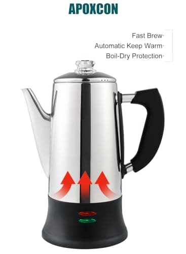 Electric Coffee Percolator Stainless Steel Coffee Maker with Two Heat Resistant Tough Glass Clear Brew Progress Knob Classic Look Keep Warm & Cordless Serving Coffee Pot 12 Cup