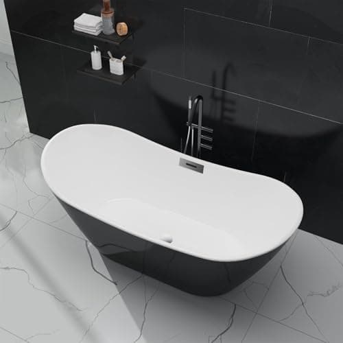 59" Acrylic Freestanding Bathtub, Free Standing Soaking Tub, Freestanding Tub with Overflow and Matte Silver Drain, Modern Bathtub for Bathroom, Hotel, Easy to Install, CUPC Certified, Black, Sky