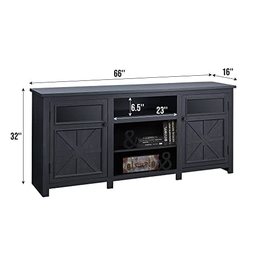 JXQTLINGMU Farmhouse TV Stand for 75 Inch TV, Entertainment Center with Storage, Rustic TV Cabinet with Barn Doors, 66" TV Console for Living Room, Adjustable Shelf - Black