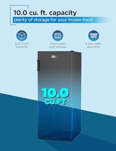 BLACK+DECKER 10 Cu. Ft. Upright Freezer, Stand Up Freezer with Mechanical Temperature Control, Freezer Upright with 3 Shelves and 4 Door Bins, Manual Defrost, R600a Refrigerant, BUF1000LB, Black
