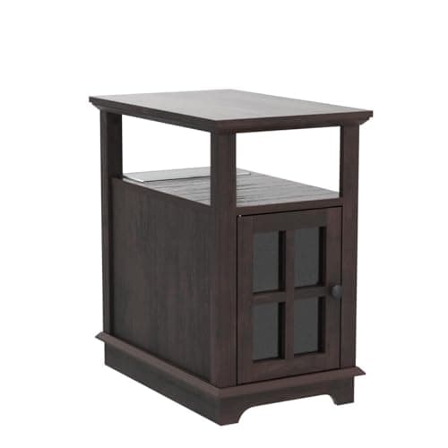 HIFYOBRO Narrow End Table with Flip Top Charging Station, Adjustable Shelf, Type-C & USB Port & Power Outlets, Side Table with Storage for Living Room/Bedroom/Home Office