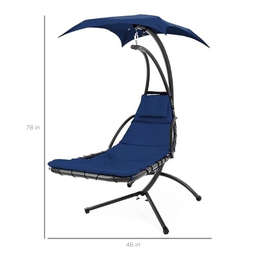 Best Choice Products Outdoor Hanging Curved Steel Chaise Lounge Chair Swing w/Built-in Pillow and Removable Canopy - Navy Blue