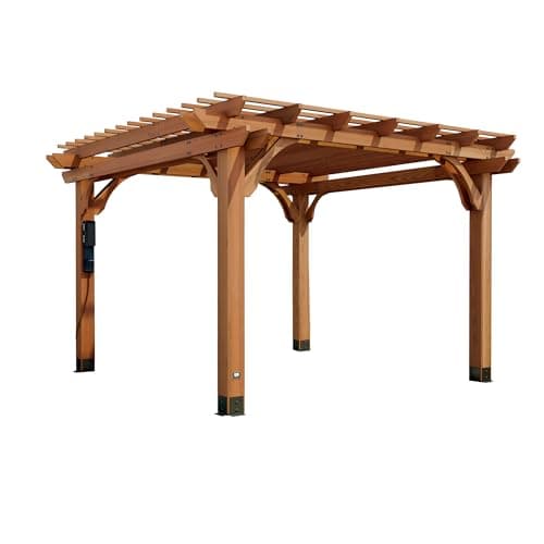 Backyard Discovery Beaumont 12' x 12' Traditional Cedar Wood Pergola Kit with Trellis Roof, All-Season Durability, High-Wind Rating, PowerPort, Shade for Outdoor Patio, Deck, Garden, and Entertaining