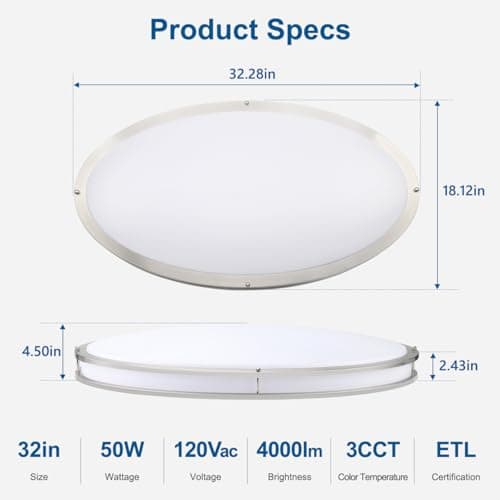 DAKASON 32In Oval LED Flush Mount Light for Kitchen/Living Room, 50W Large LED Ceiling Light Fixture, 3500K/4000K/5000K Adjustable, Dimmable for Dining Room/Bedroom