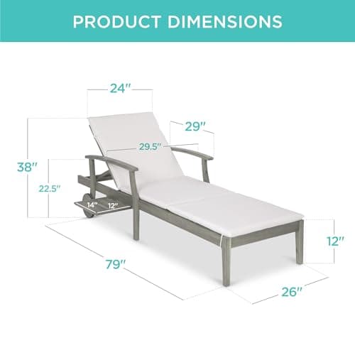 Best Choice Products 79x26in Acacia Wood Chaise Lounge Chair Recliner, Outdoor Furniture for Patio, Poolside w/Slide-Out Side Table, Foam-Padded Cushion, Adjustable Backrest, Wheels - Gray/Cream