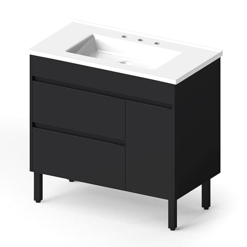 YITAHOME 36 Inch Bathroom Vanity with Sink, Bathroom Cabinet Vanity for Media Space, Freestanding Storage Bathroom Vanity with 1 Soft Closing Cabinet & 2 Drawers, Black