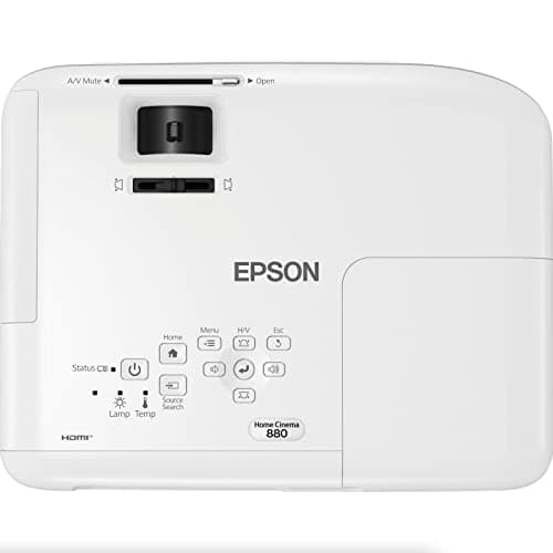 Epson Home Cinema 880 3-chip 3LCD 1080p Projector, 3300 lumens Color and White Brightness, Streaming and Home Theater, Built-in Speaker, Auto Picture Skew, 16,000:1 Contrast, HDMI 2.0, White
