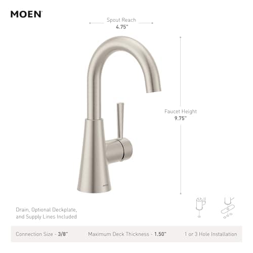 Moen Ronan Spot Resist Brushed Nickel One-Handle Single Hole Modern Bathroom Sink Faucet with Optional Deckplate and Spring Loaded Drain Assembly, 84021SRN