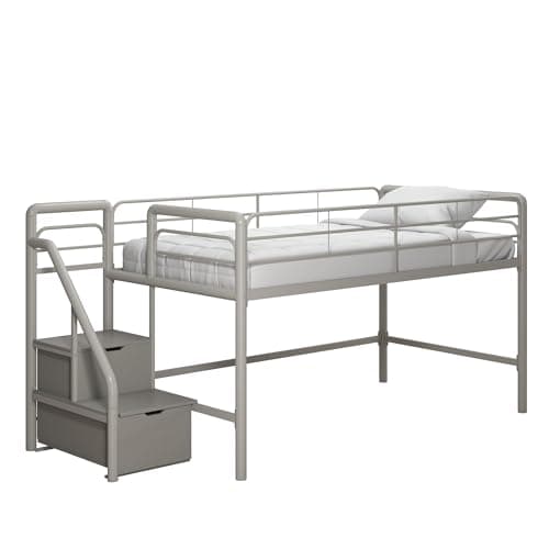 DHP Junior Twin Metal Loft Bed with Storage Steps, Multifunctional Space-Saving Solution - Silver with Gray Steps